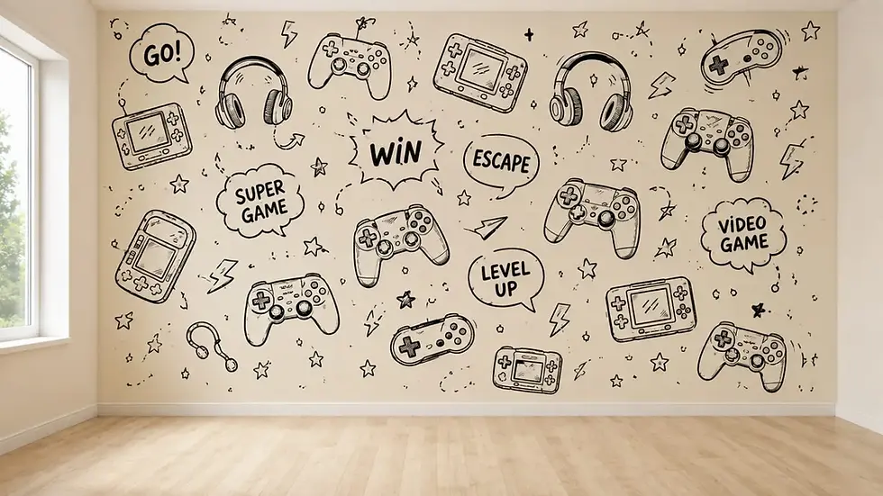 Hand drawn gaming controllers wall mural design Al Sufouh Dubai