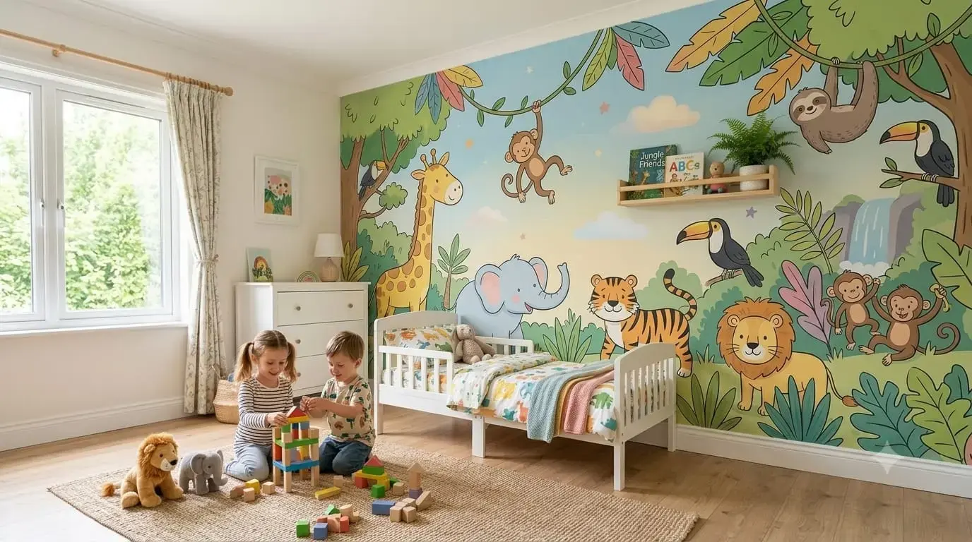 Rainforest jungle animal mural with monkeys and giraffe for kids room Dubai