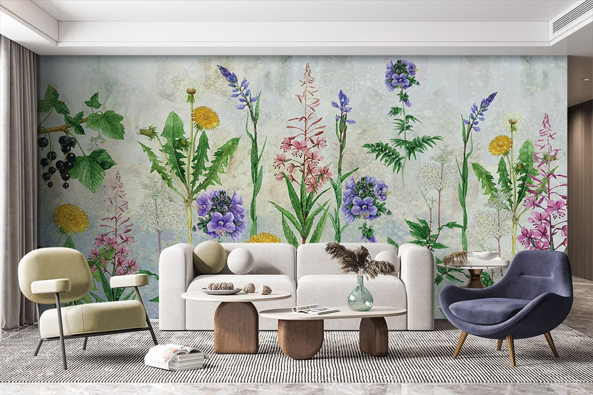 Tall botanical wildflower stem mural wallpaper for bright living rooms in Al Twar