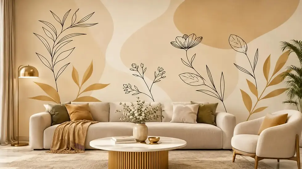 Beige botanical line art wall mural installed in a modern neutral living room in Dubai