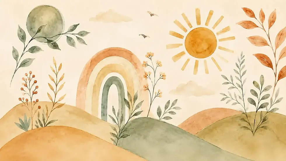 Boho sun and rainbow nursery mural installed on a feature wall in a Dubai nursery with wooden cot