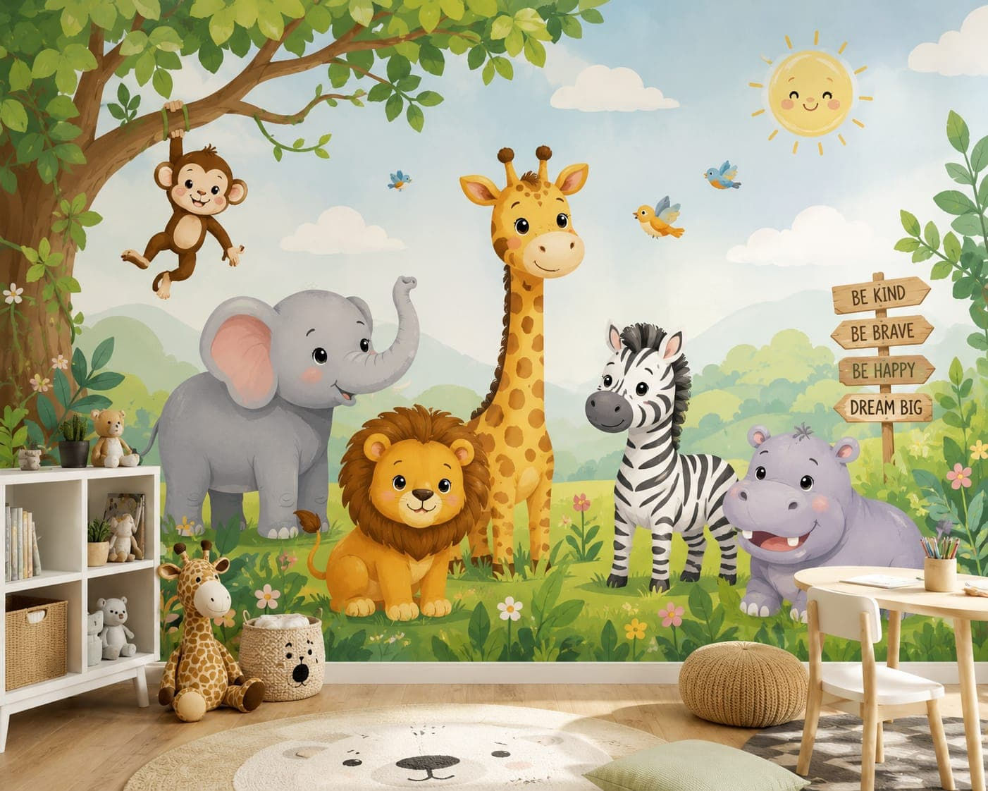 Cartoon safari jungle animal mural wallpaper for playful kids rooms in Al Sufouh