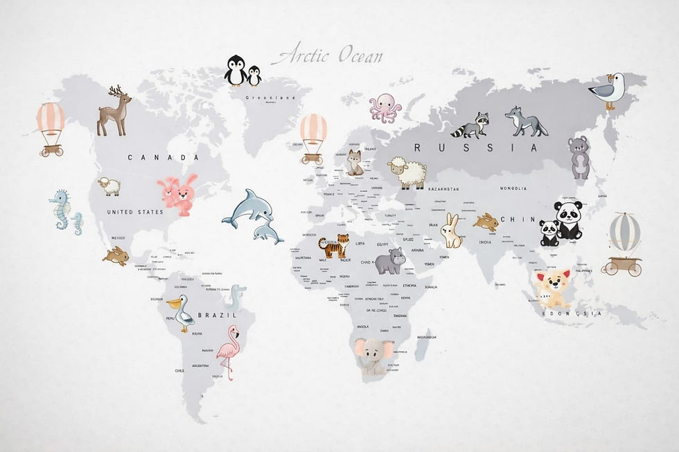 Close-up kids world map wallpaper with animals for bedrooms in Al Barsha South