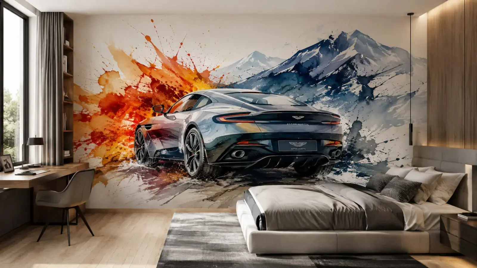 Aston Martin sports car racing wall mural with watercolor mountain backdrop