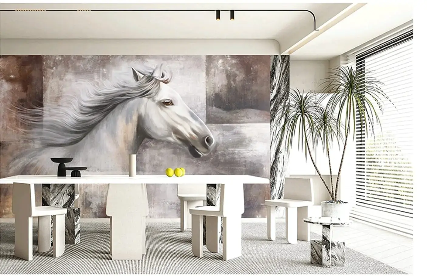 Custom wallpaper Dubai design ready to install. White horse wall mural dining room Jumeirah Golf Estates Dubai. Wallpaper ins