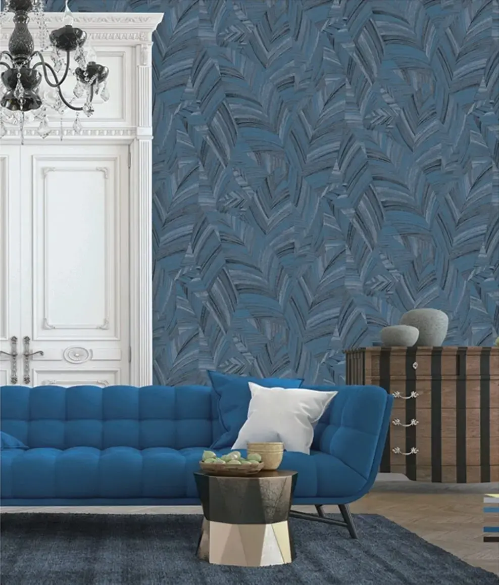 Blue geometric leaf wallpaper living room Business Bay Dubai