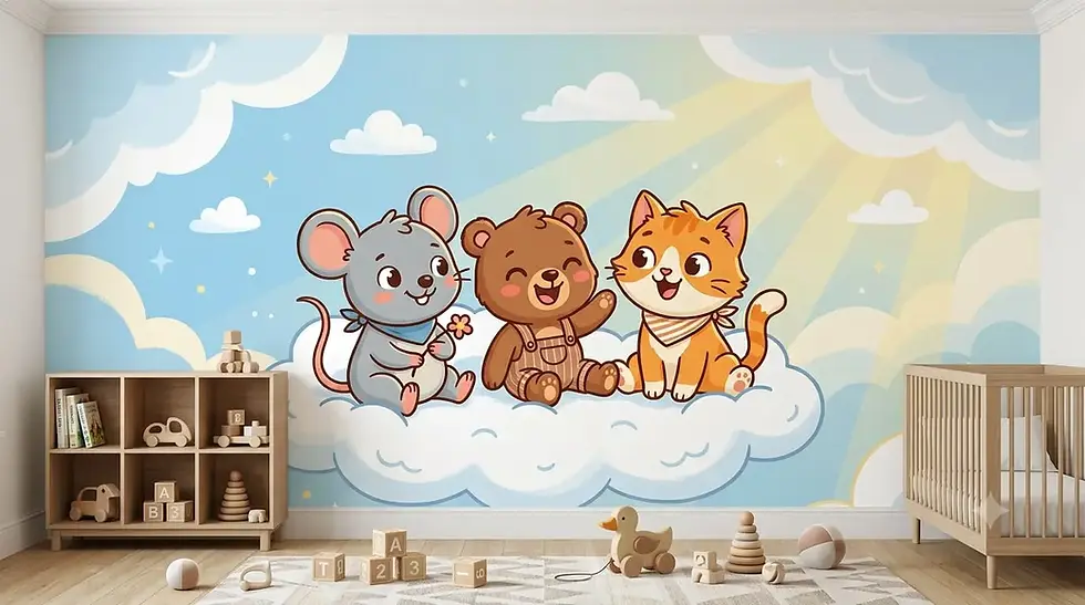 Cute cartoon animal friends cloud mural wallpaper for kids bedroom in Dubai