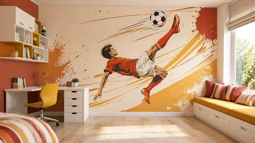 Football wallpaper mural Dubai in boy's bedroom with desk