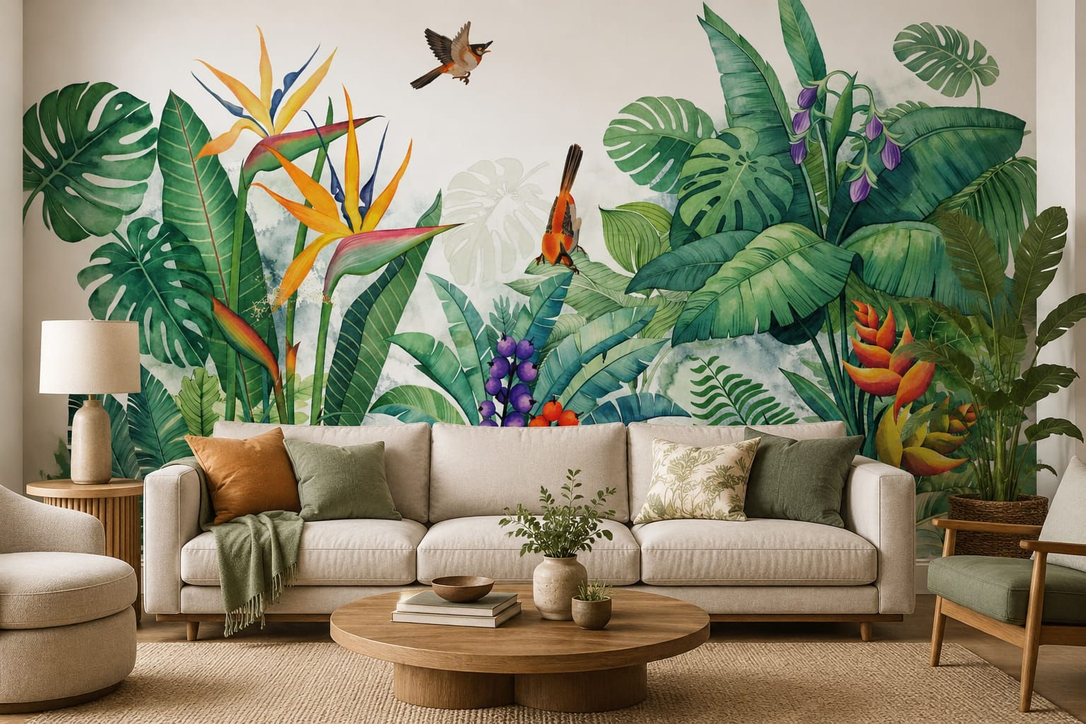 Vibrant tropical rainforest mural wallpaper with birds for living rooms in Al Safa