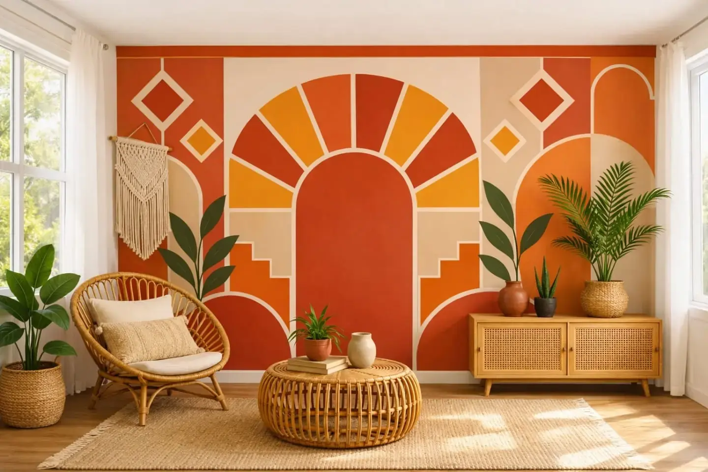 Terracotta sunburst arch art deco wall mural for living room Dubai