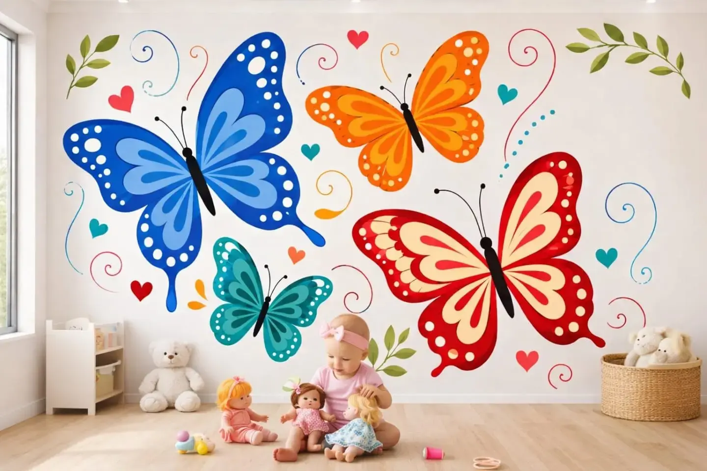 Colorful Butterfly Garden - Kids wallpaper mural Dubai with vibrant butterflies and hearts design