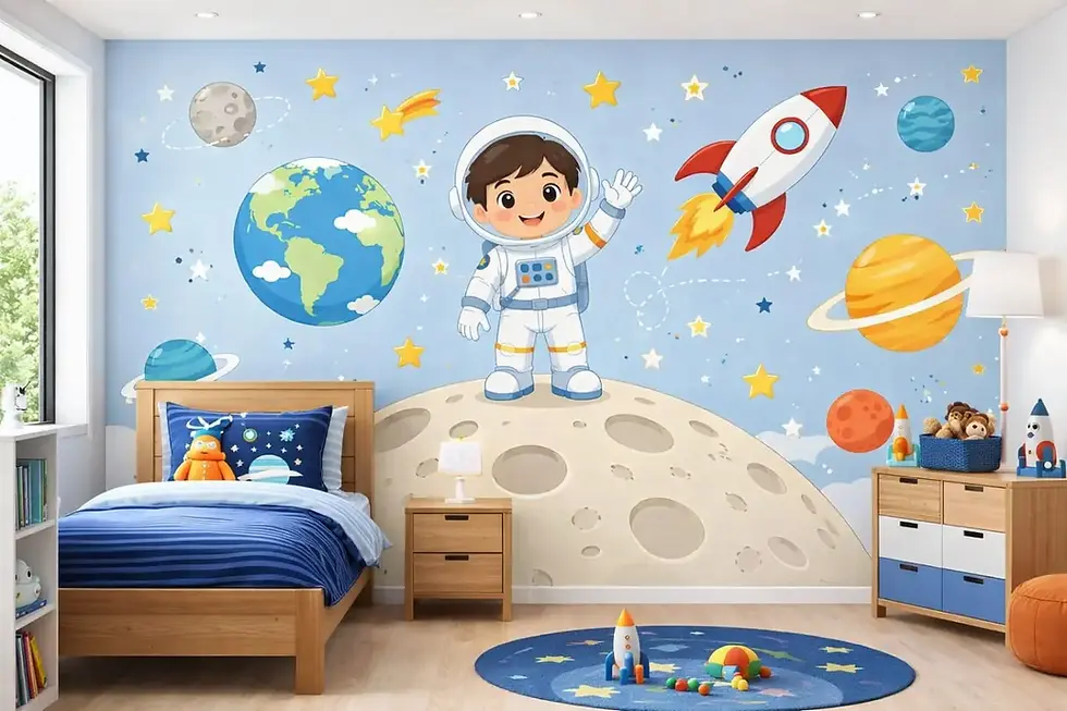 Space Adventure Mural - Kids wallpaper mural Dubai with astronaut, planets and rockets design for children's rooms