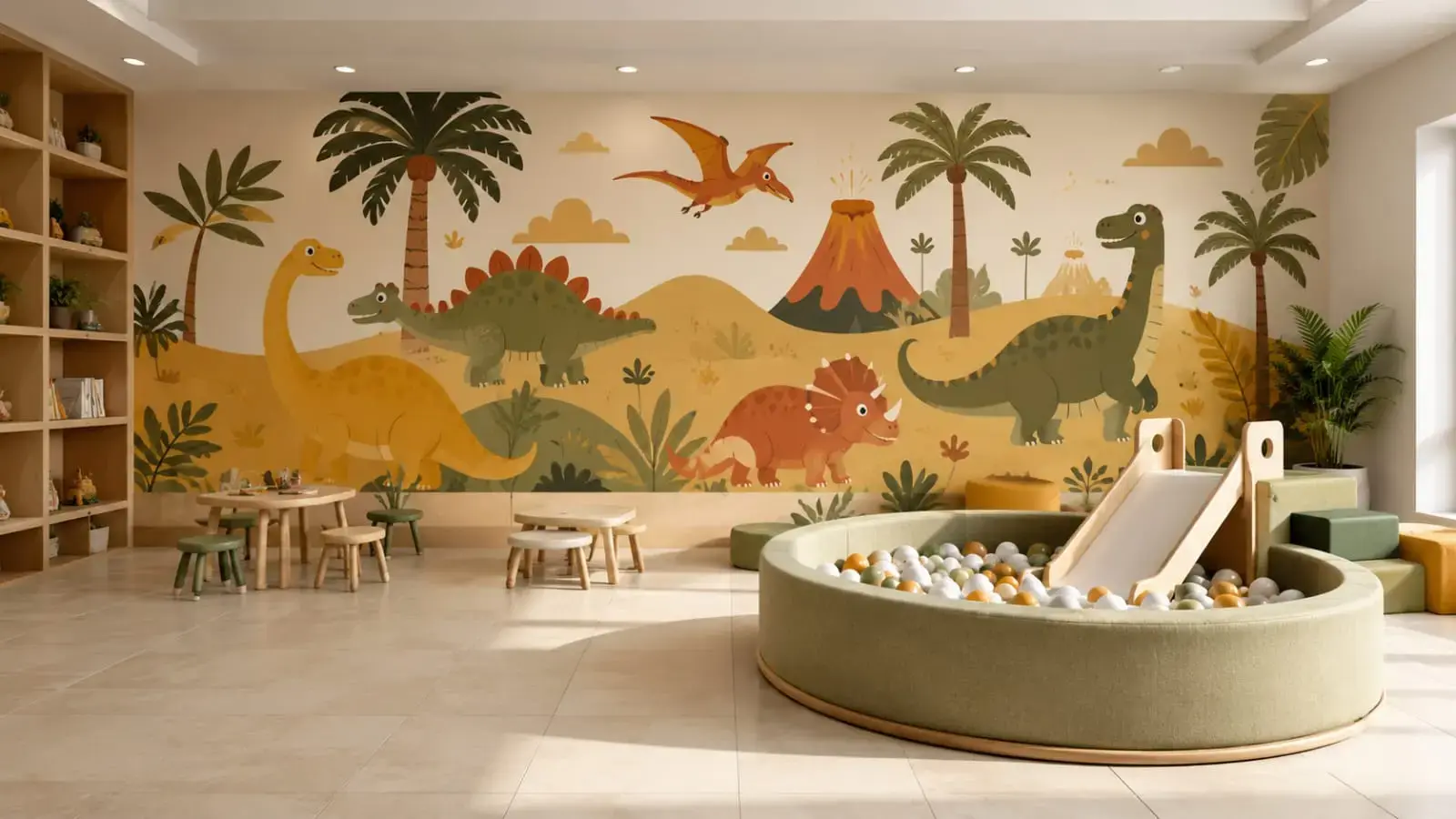 Dinosaur jungle wallpaper mural Dubai in kids playroom with ball pit