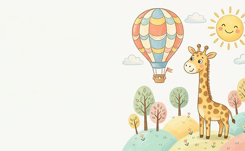 Kids wallpaper banner with giraffe and hot air balloon illustration
