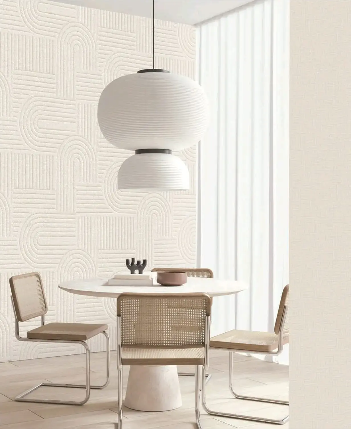 Cream embossed arch line textured wallpaper in Dubai dining room