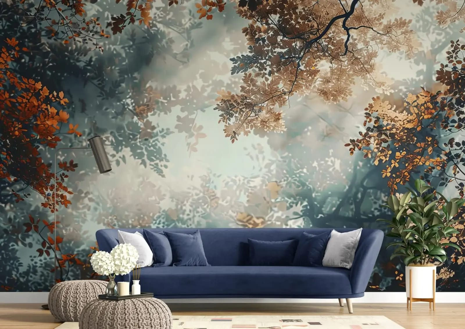 Sunlit forest canopy mural wallpaper for dreamy living rooms in Emirates Hills