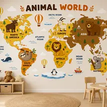Animal World map wallpaper design with cartoon animals for kids bedroom in Dubai Hills