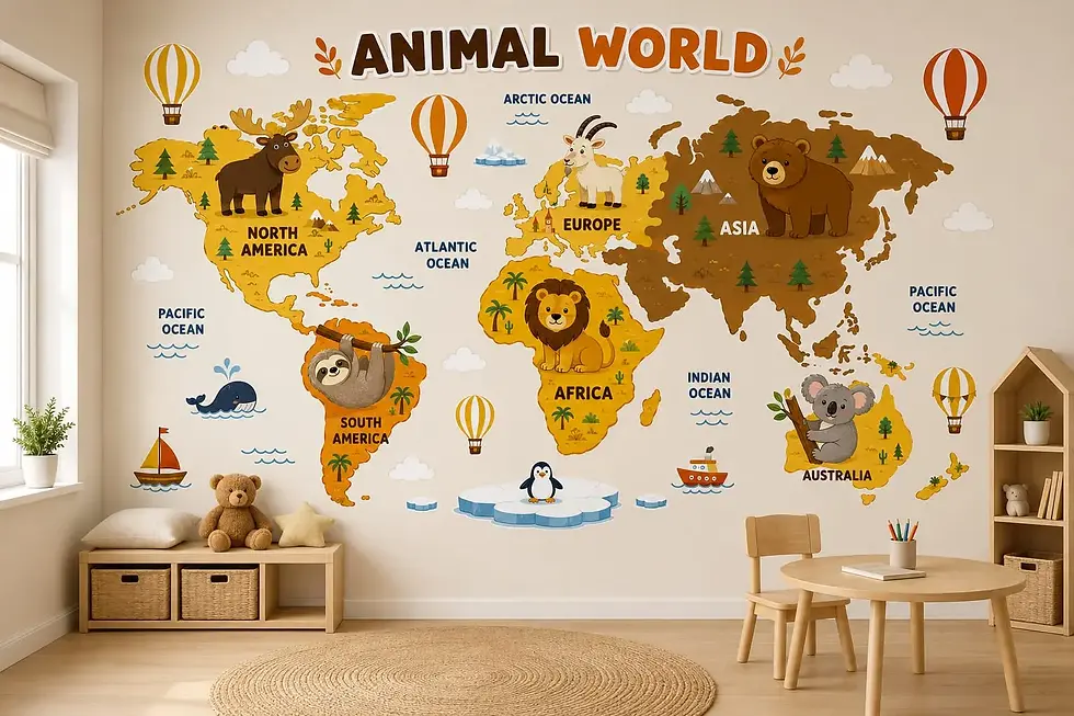 Animal World map wallpaper design with cartoon animals for kids bedroom in Dubai Hills