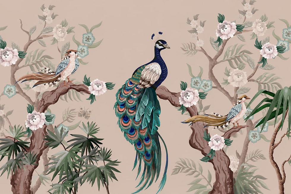 Close-up peacock chinoiserie wallpaper design for luxury bedrooms in Al Rashidiya