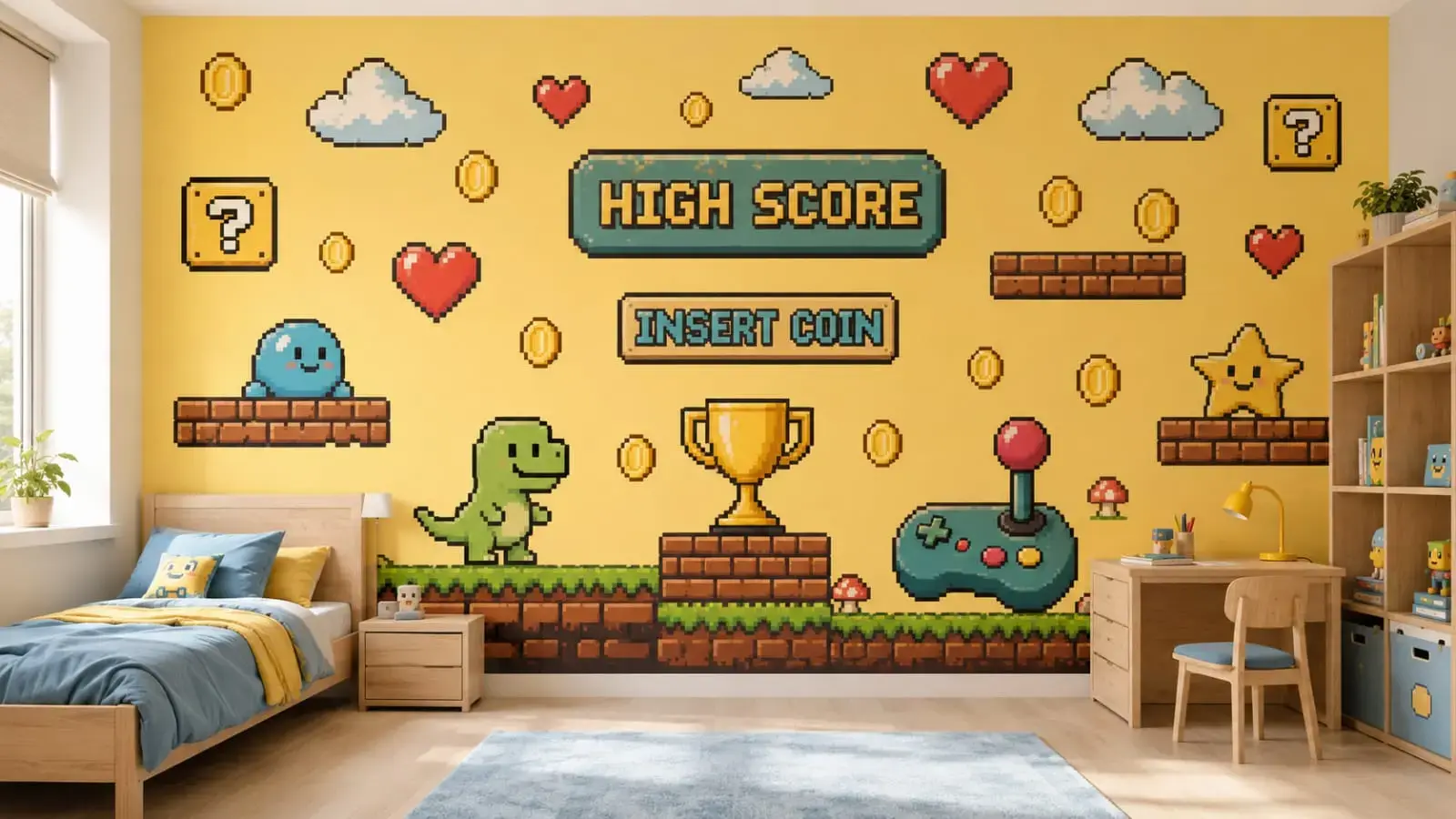 Retro arcade pixel wall mural kids bedroom Dubai Silicon Oasis