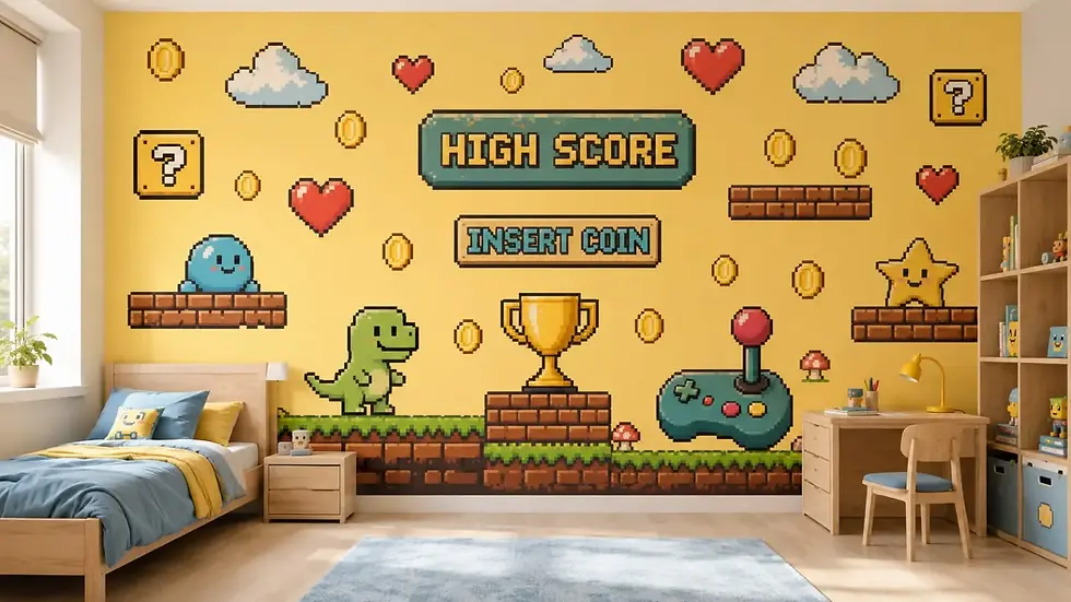Retro arcade pixel wall mural kids bedroom Dubai Silicon Oasis