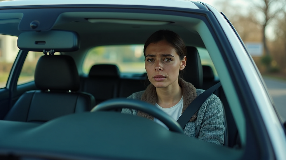 Eye-level view of a person sitting in a car after an accident, looking concerned