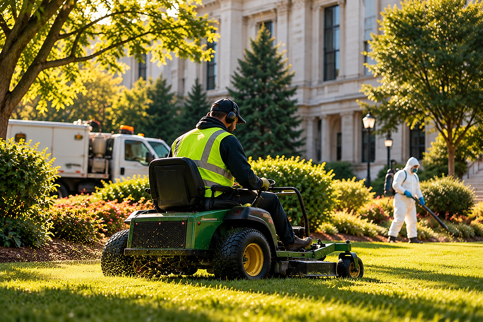 Landscaping crew maintaining the grounds of a public-sector building.