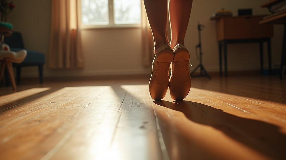 Close-up view of dance shoes on a polished wooden floor