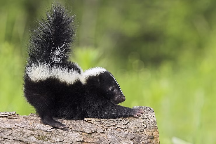 A skunk with black and white fur stretches on a log in a lush green setting, tail arched high.