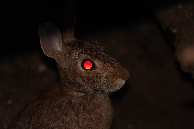 A rabbit with glowing red eyes is highlighted in the dark.