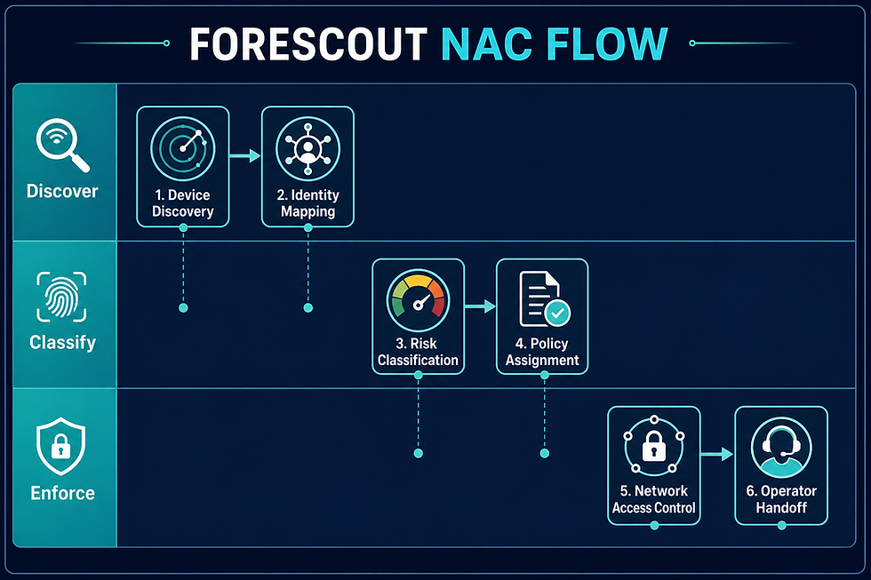 Swimlane flow chart: Forescout NAC Discover → Classify → Enforce