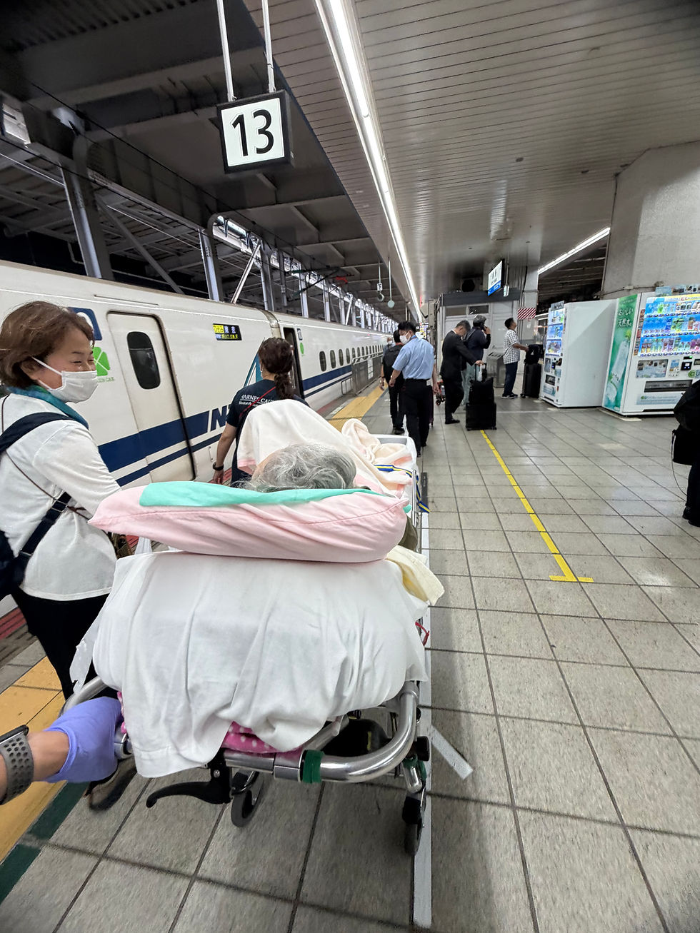 博多駅から東京行きの新幹線に搬送する民間救急ハーネスケア看護師