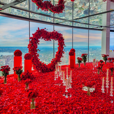 Proposal, Propose, Love, Marry Me, Engagement, Engaged, Decor, Event, Marriage, Ring, Ontario, Toronto, Cn Tower, Heart Arch, Red, Rose Petals, Pillars, Candles, Taper Candles, View, Rose Floor