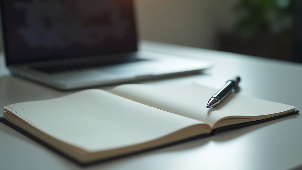 Close-up view of a notebook and pen on a desk beside a laptop