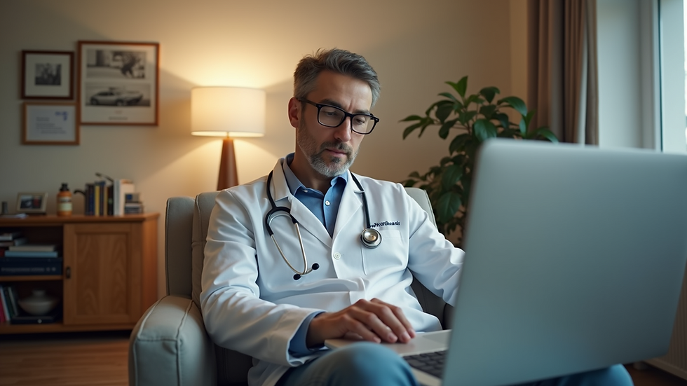 Eye-level view of a person sitting comfortably at home during a telehealth session