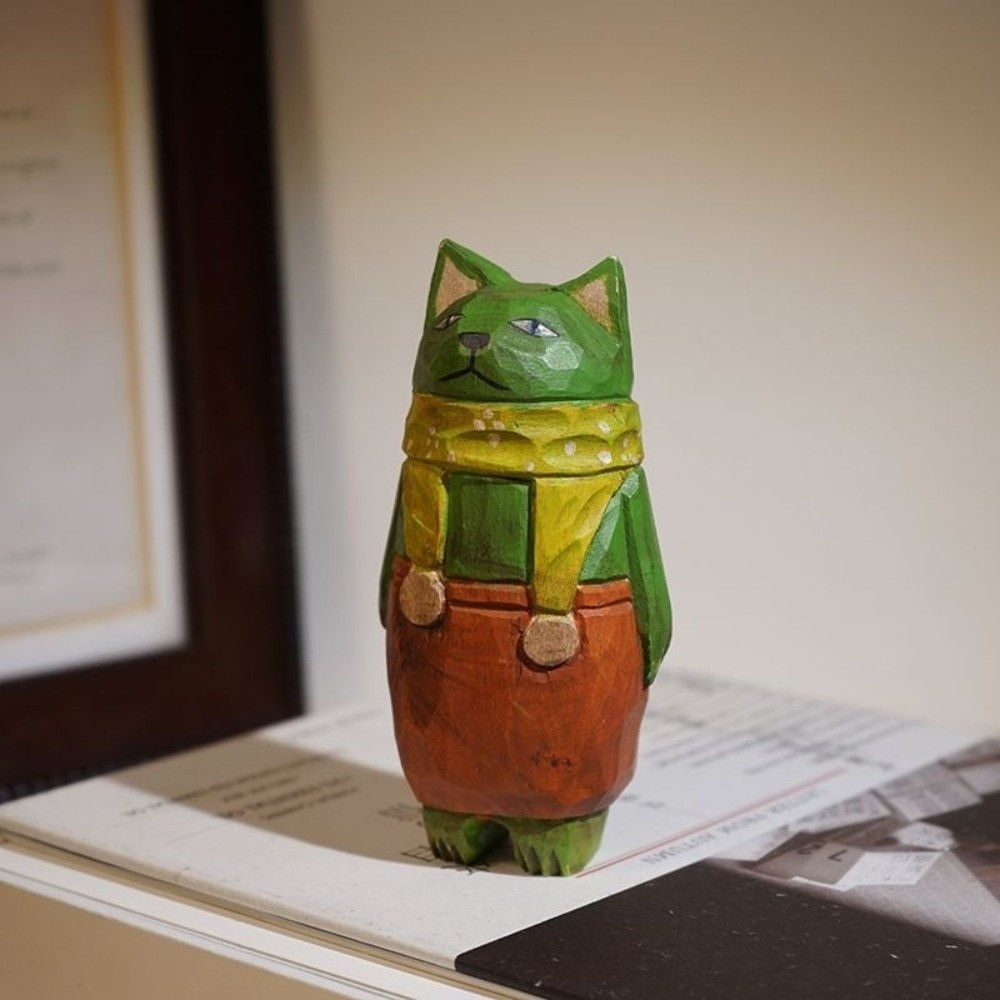 Cartoon Wood Carving Cat Ornament Handmade Traditional Hand Engraving Cat Decora