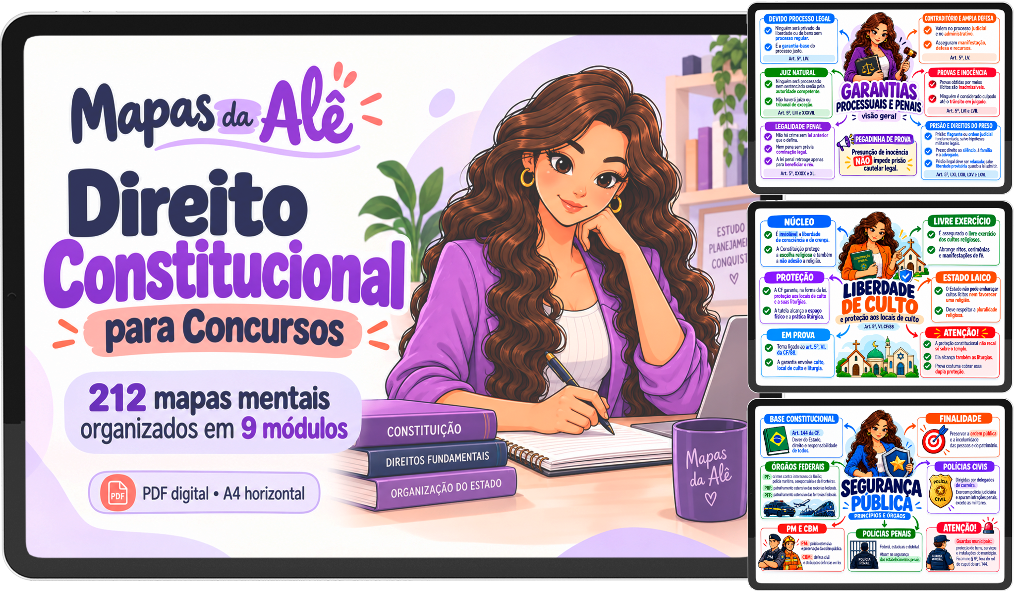Direito Constitucional para Concursos em mockup com capa e mapas reais