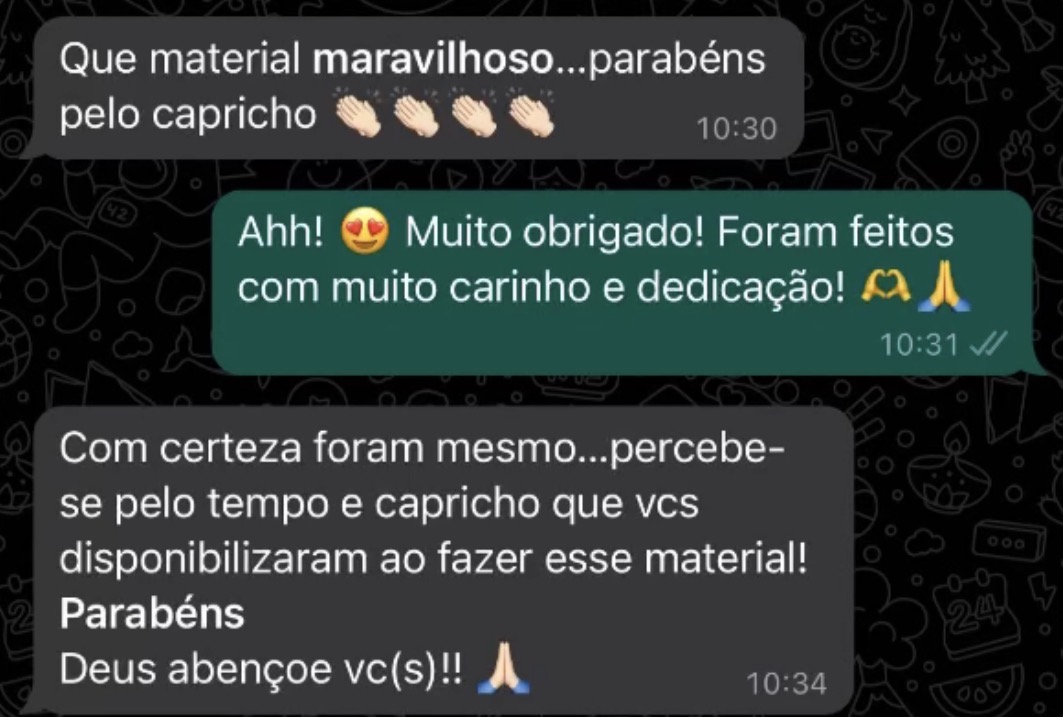 Mensagem elogiando o material, o capricho e a dedicação