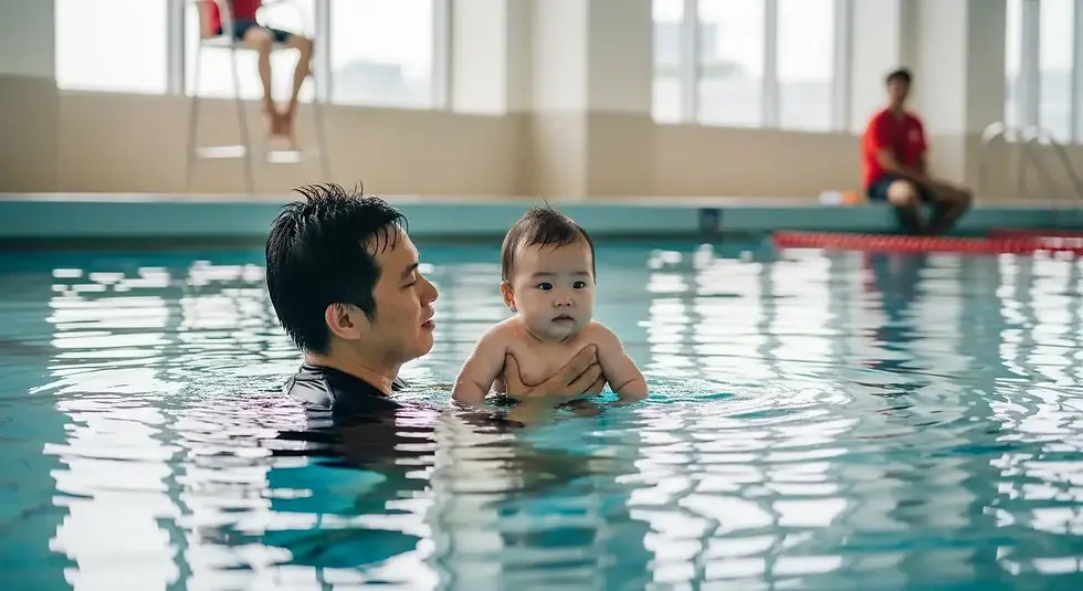Parent holding baby in swimming pool showing infant swimming problems in Singapore