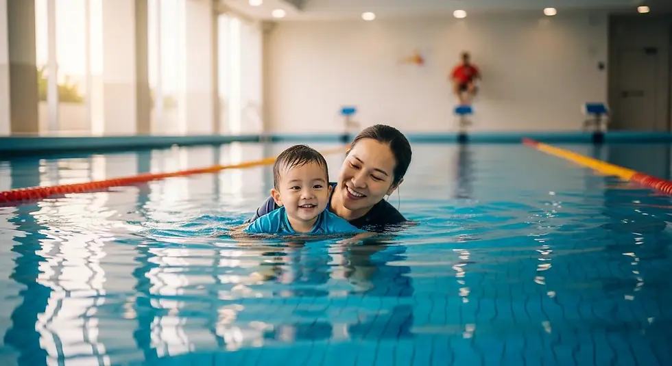 Toddler learning to swim with parent support in a pool, toddler swimming tips in Singapore