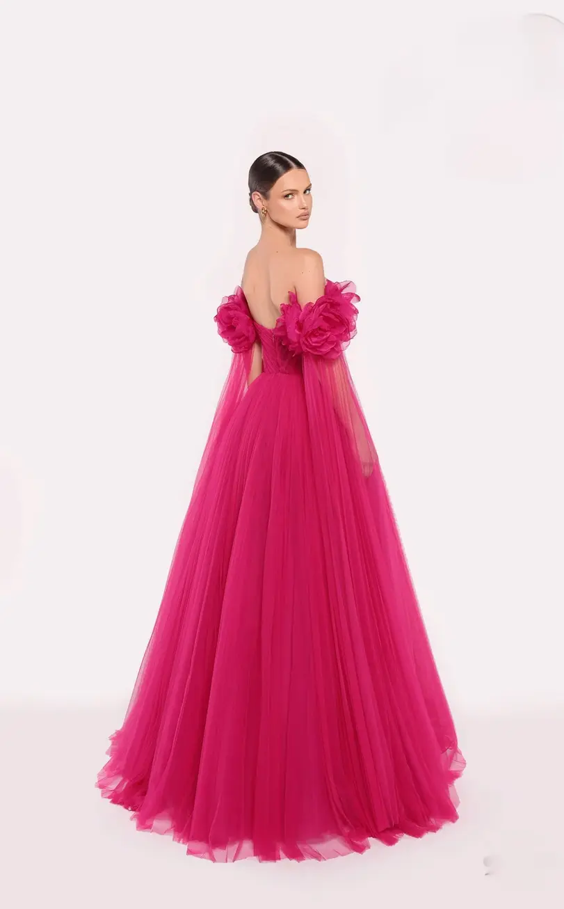 Fuchsia Off-Shoulder Ball Gown with Floral Appliqués