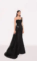 satin gown with ruched bodice, crystal-embellished waist, and draped detailing.