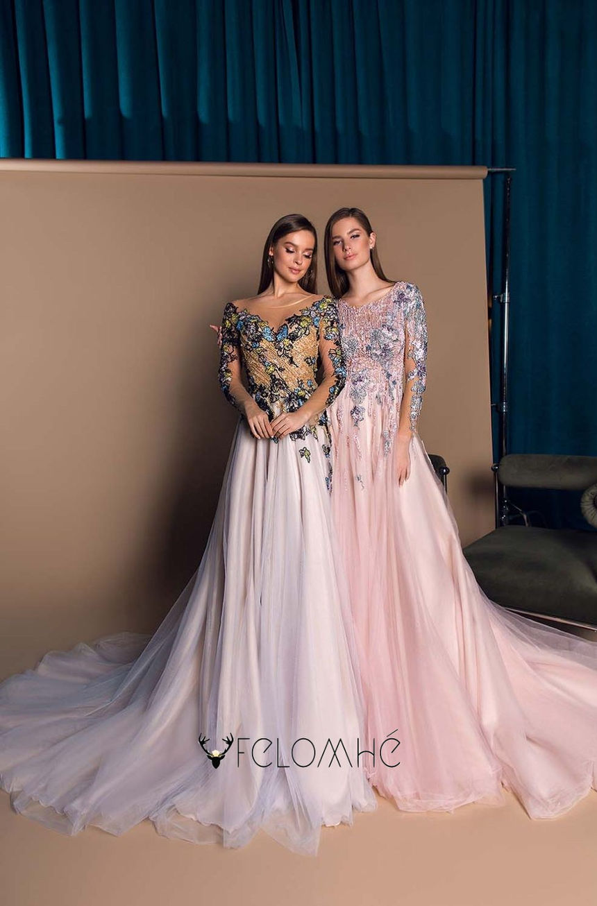 Nude lace gown with intricate detailing and a flowing tulle skirt, perfect for garden weddings and elegant receptions.