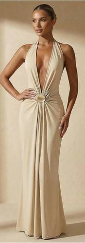 Champagne Halter Draped Maxi