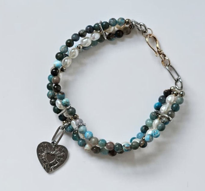 Thumbnail: Heart Chrysocolla & Pearl Triple Strand Bracelet and Necklace