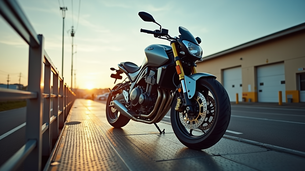 Eye-level view of a motorcycle secured on an open transport trailer