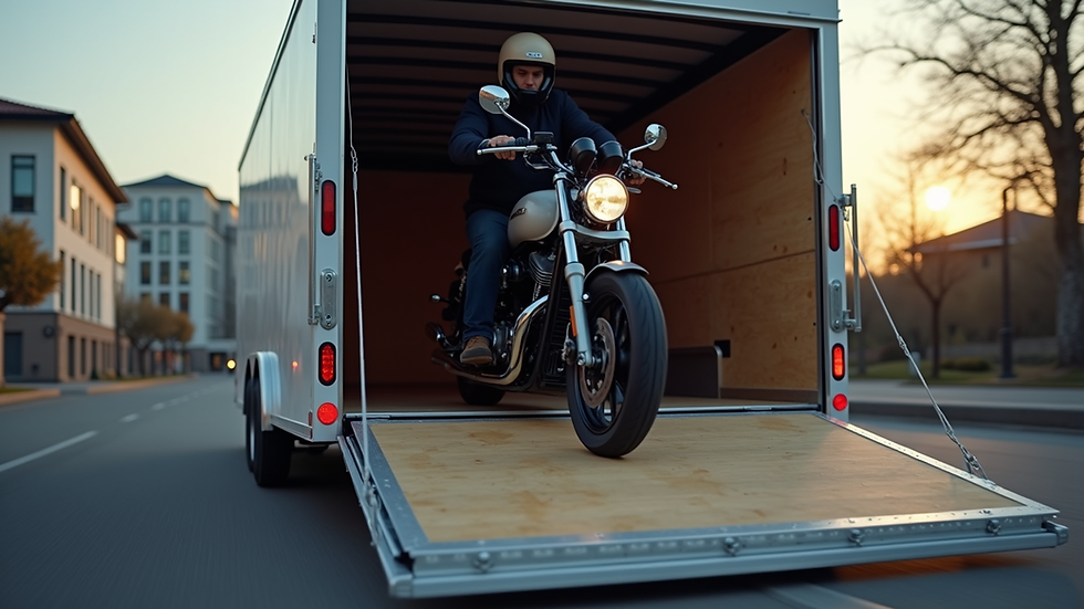 Close-up view of a motorcycle being loaded into an enclosed transport trailer