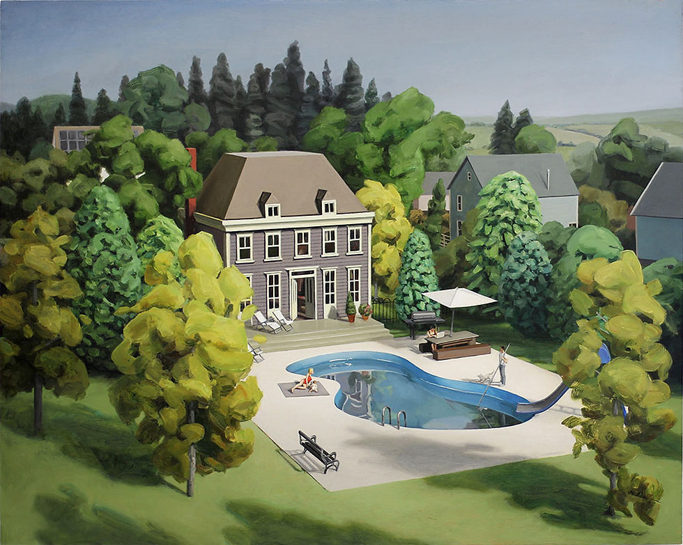 Oil painting of a house with a pool in American suburbia by artist Amy Bennett