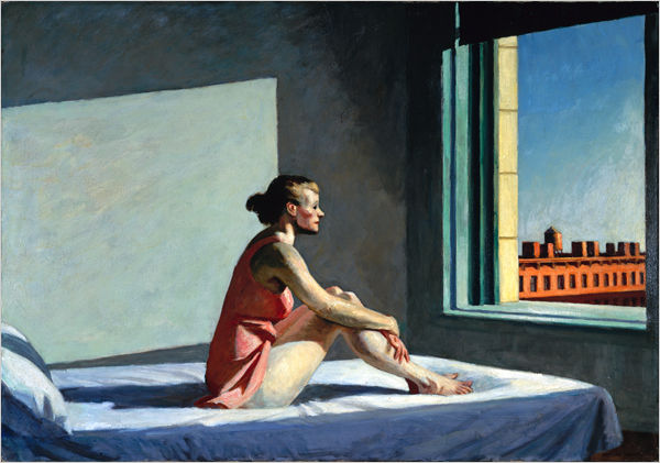 Oil painting of woman on her bed in the morning sun by artist Edward Hopper