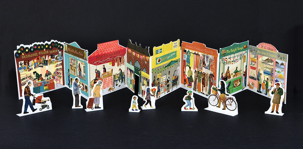 A photograph of the concertina book Broadway Market by author and illustrator Natsko Seki